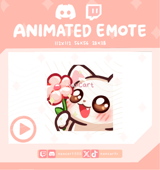 Animated Mochi White Cat Pink Flower Emote