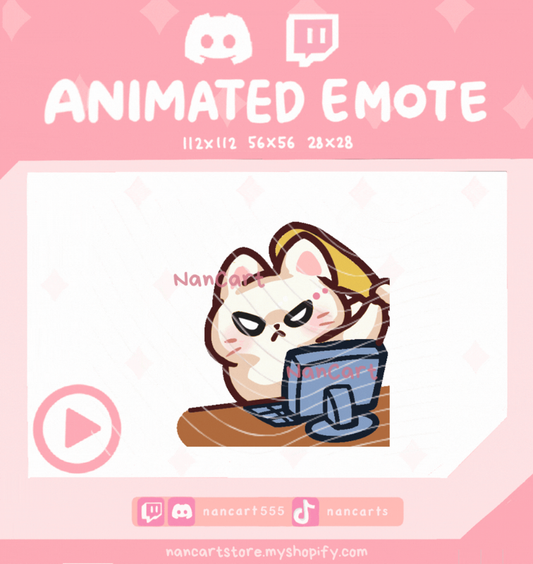 Animierter weißer Kater, der Laptop zerstört Emote
