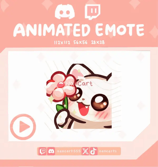 Animated Mochi White Cat Pink Flower Emote